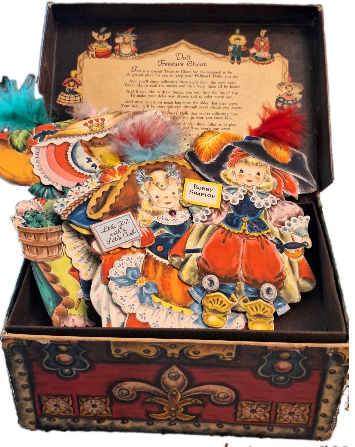VINTAGE 1947 Original Treasure Chest Of 7 Hallmark  Feathed Storybook Dolls 