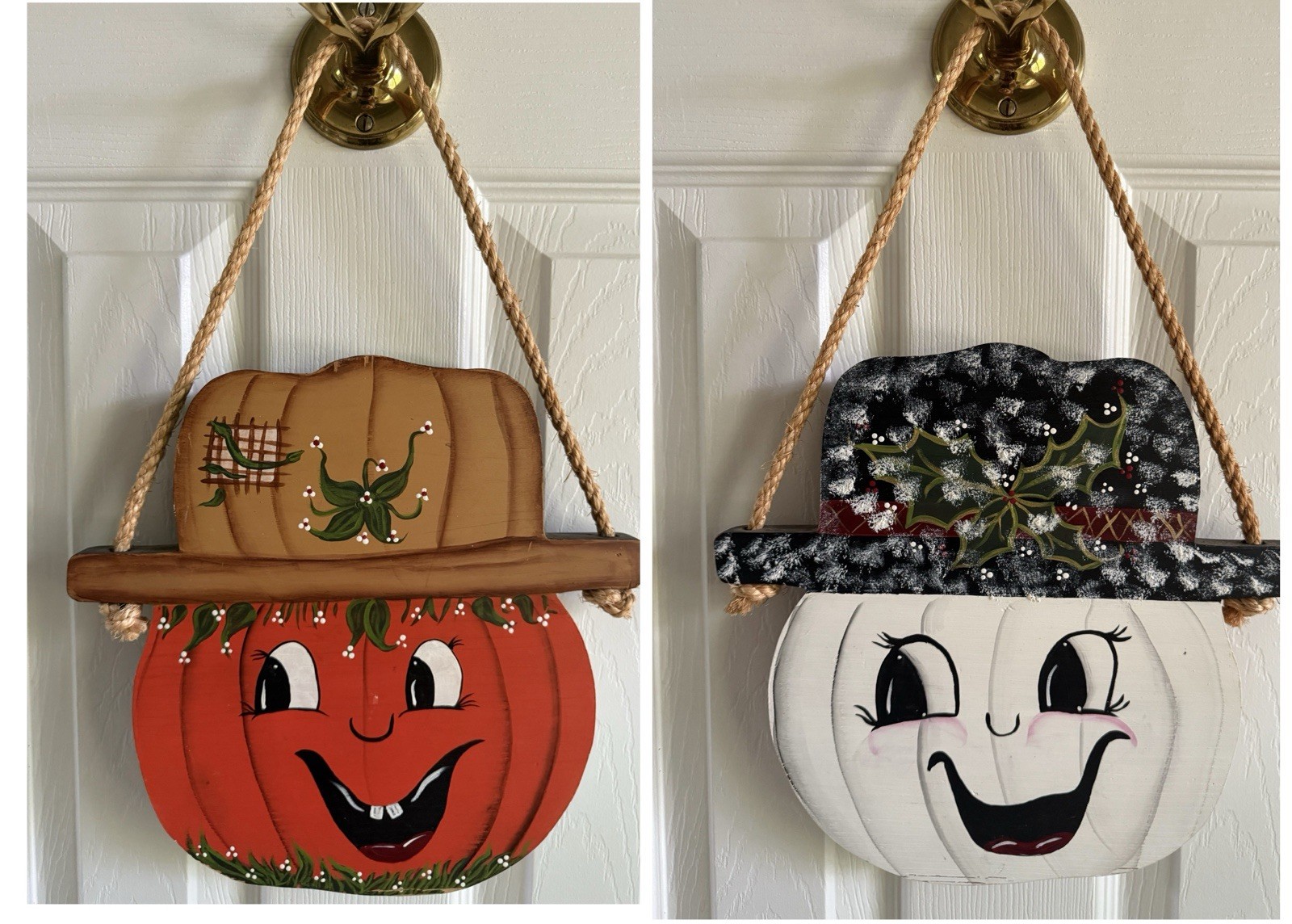 Vintage 1994 Hanging Wooden Pumpkin/Snowman Reversible Decor Painted Cottagecore