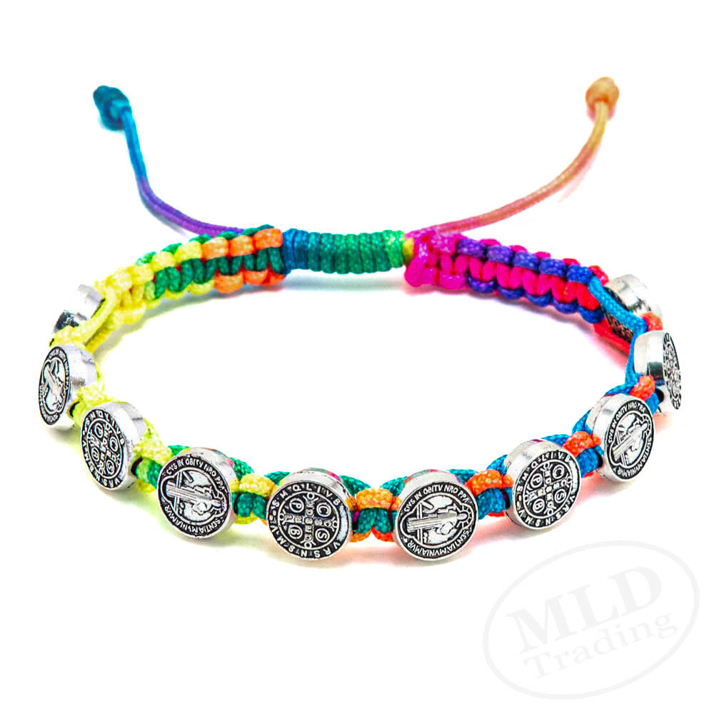 Rainbow Saint St Benedict Medal Cord Bracelet -Adjustable, God's Covenant Symbol