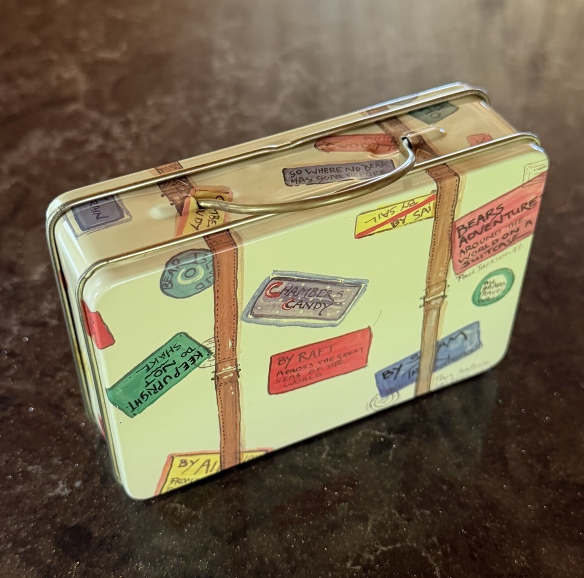 Vintage 1996 Oscar & Bertie Candy Tin Suitcase Chambers Candy Co. P.D. Jackson