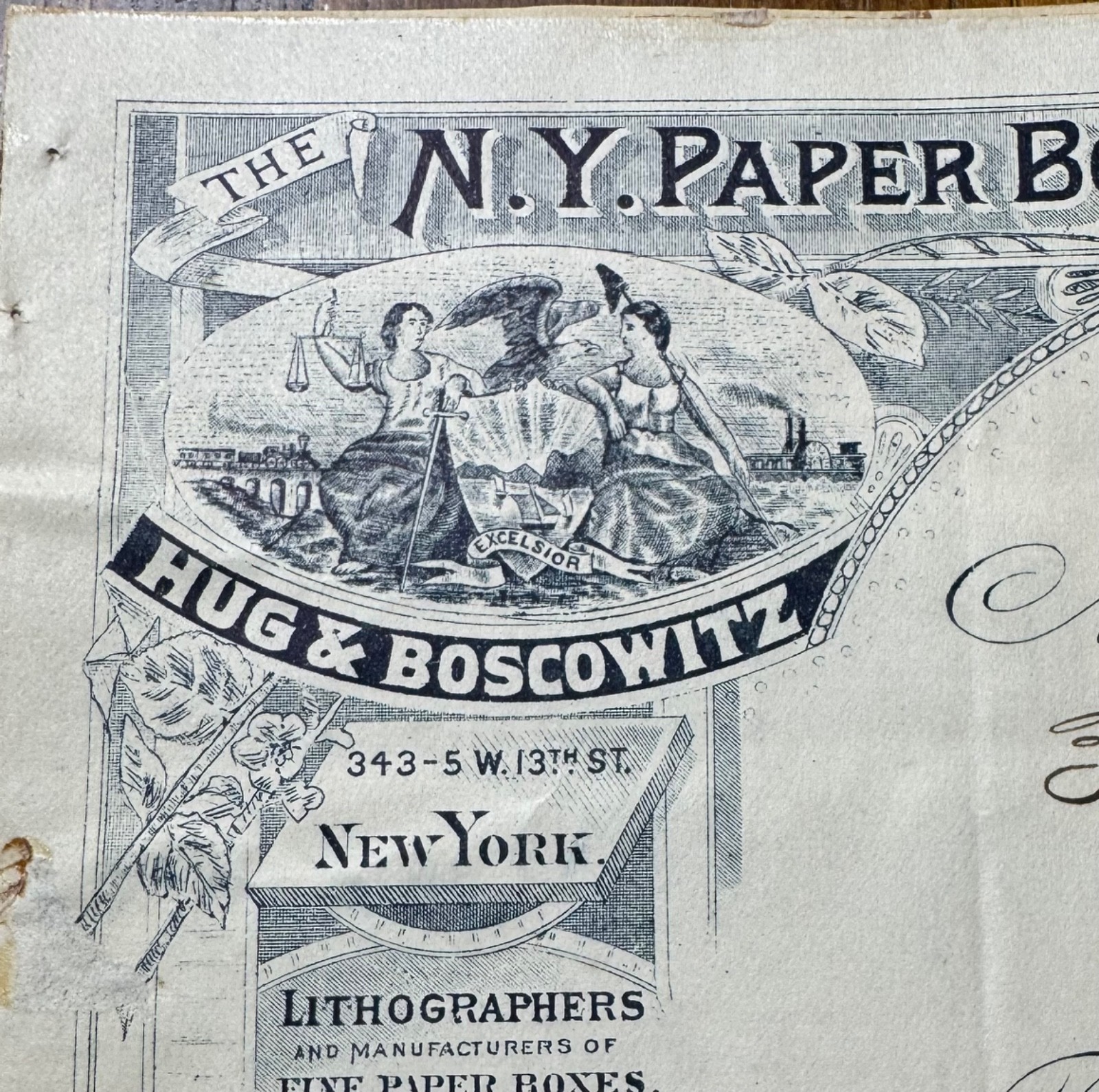 1896 billhead lithographer Hug Boscowitz druggist supplies paper boxes NYC