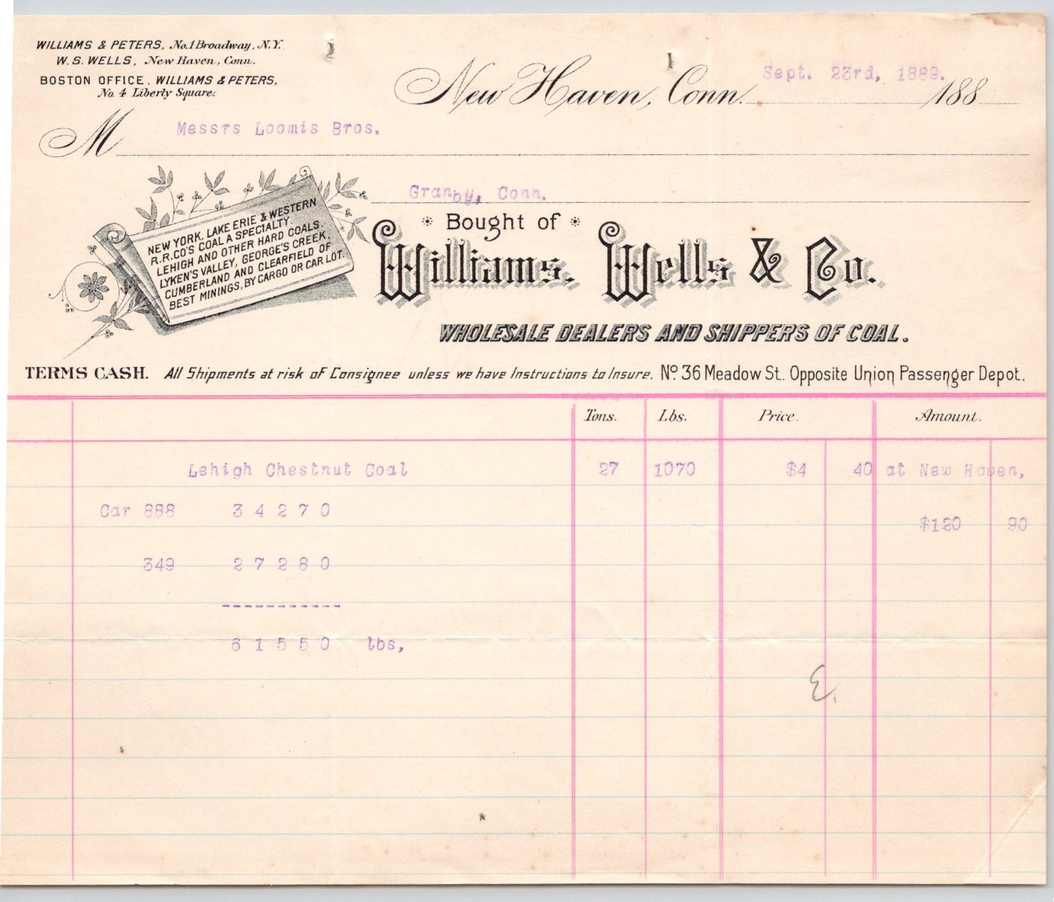 1883 Williams Wells & Co New Haven CT Coal Invoice 7\