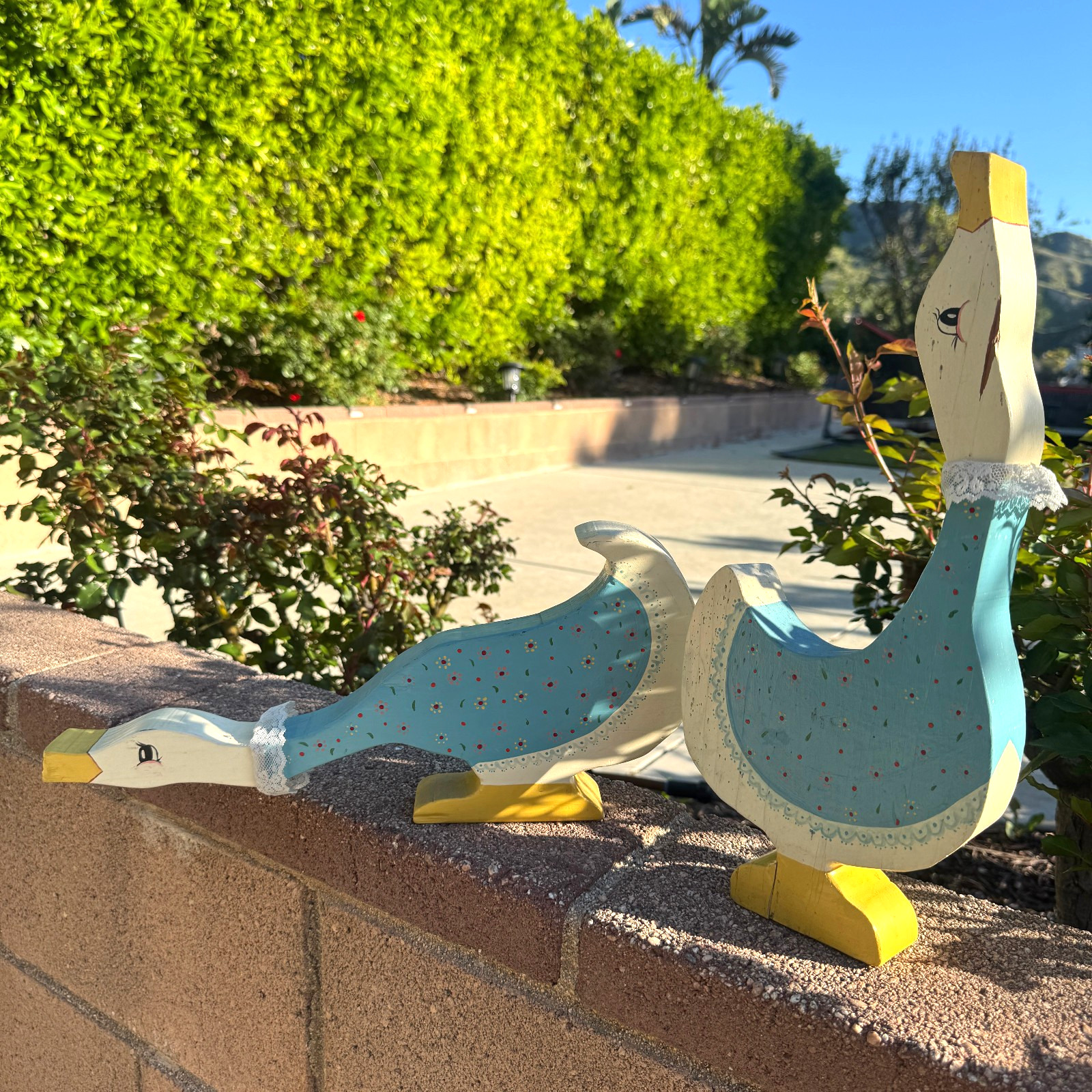 Vintage Wooden Ducks Hand Painted Rustic Farmhouse Decor Pair of 2 Folk Art