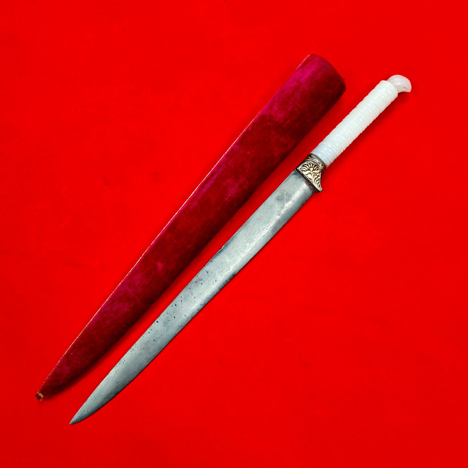 Old Vintage Indo Persian Mughal Rajput Sikh Jade Gold Inlay Wootz  Knife Kard