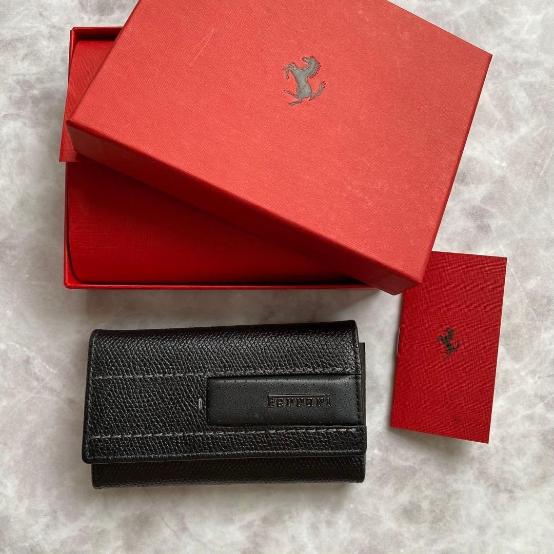 Ferrari Leather Key Case Black 6-Key Holder Genuine Metal Logo MINT