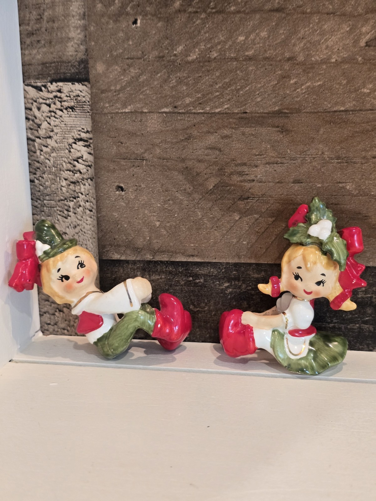 Vintage Japan Christmas Lefton German Boy and Girl Ceramic Candle Huggers Figure