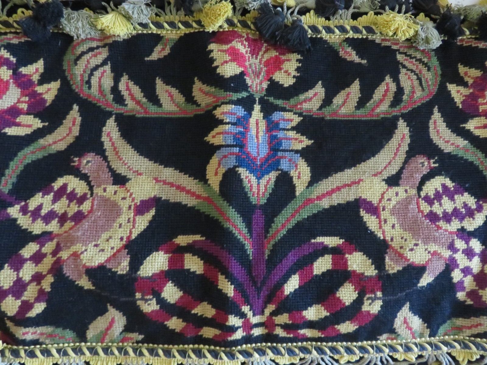 Huge Aubusson style Needlepoint Pillow Folk Art on BLACK NWOT w Birds & Florals