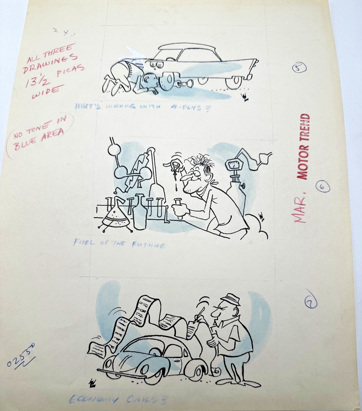 ORIGINAL MOTORTREND MAGAZINE GAG CARTOON ART MARCH 1963
