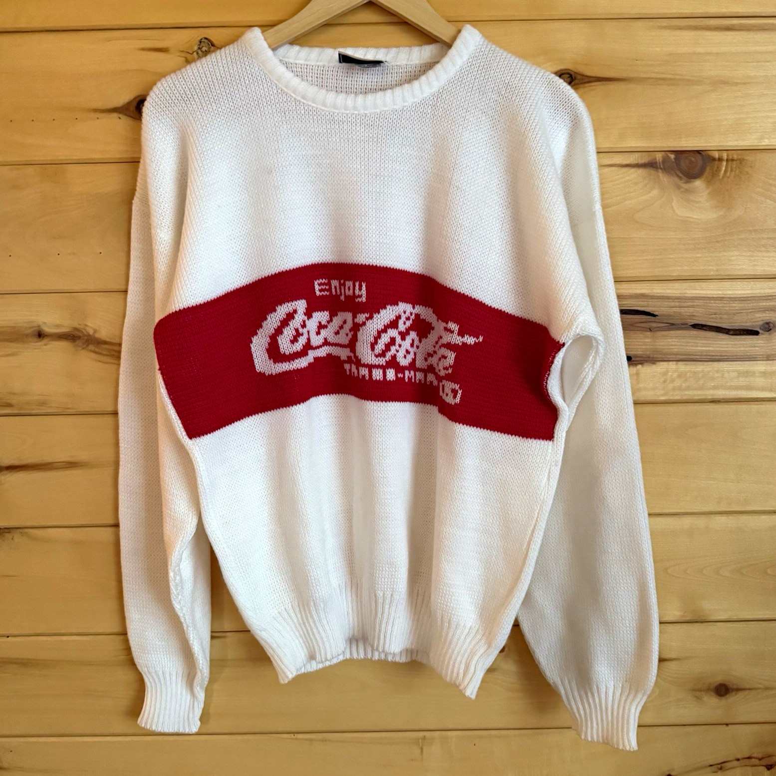 Vintage 80s Coca-Cola  XL White Knit Sweater Red Logo Stripe Made in USA