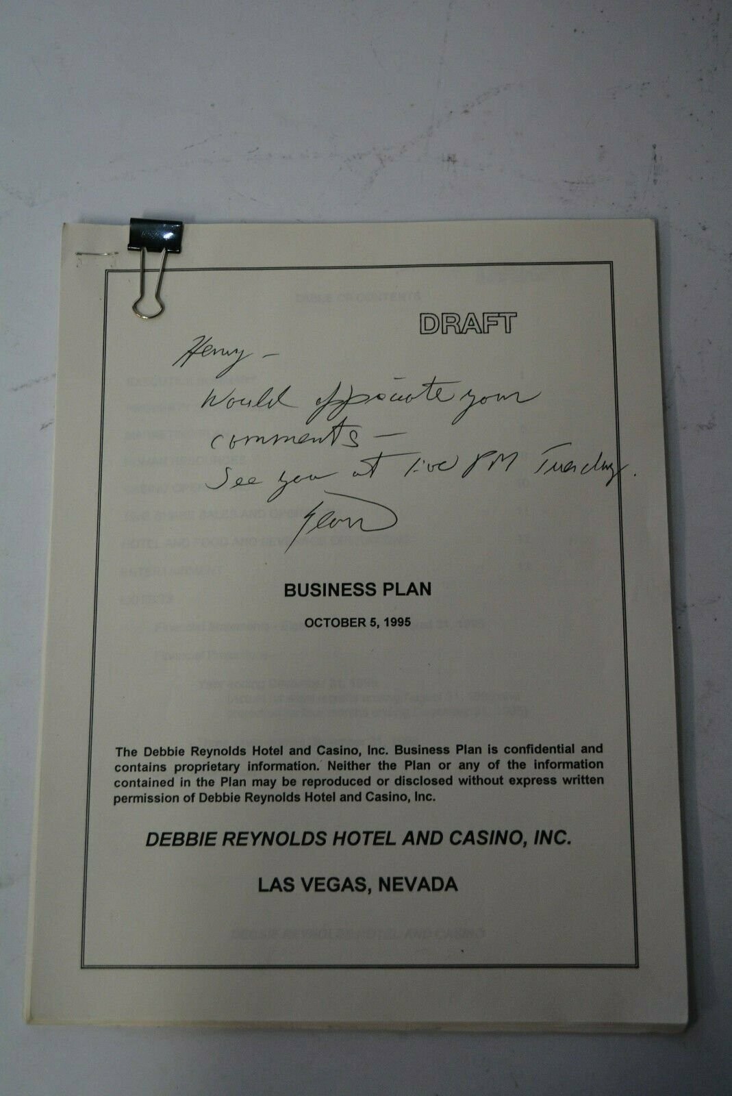 1995 Original DRAFT BUSINESS PLAN AND project debt DEBBIE REYNOLDS HOTEL&CASINO