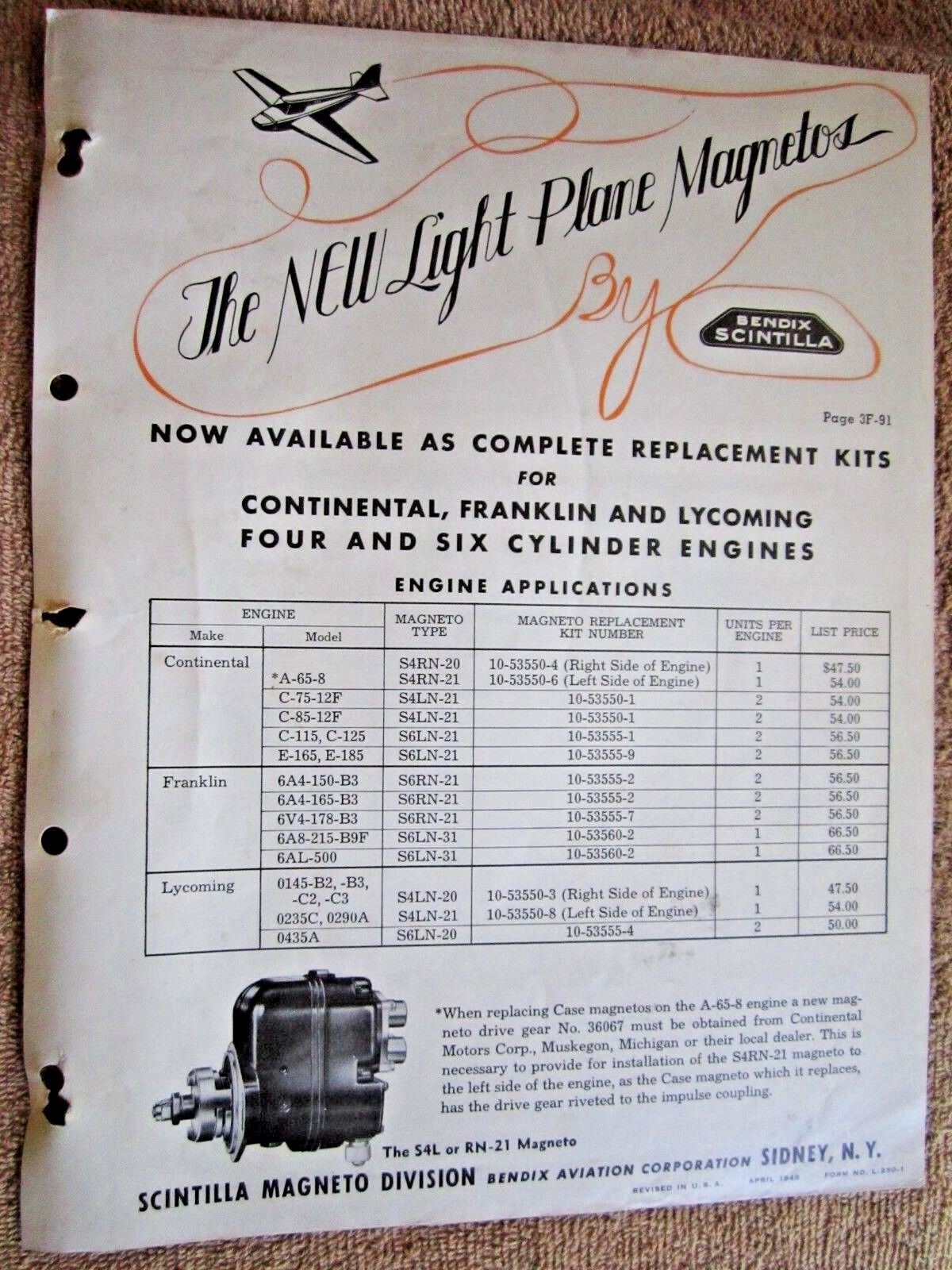 1948 BENDIX-SCINTILLA NEW LIGHT PLANES MAGNETOS AD SHEET / BROCHURE