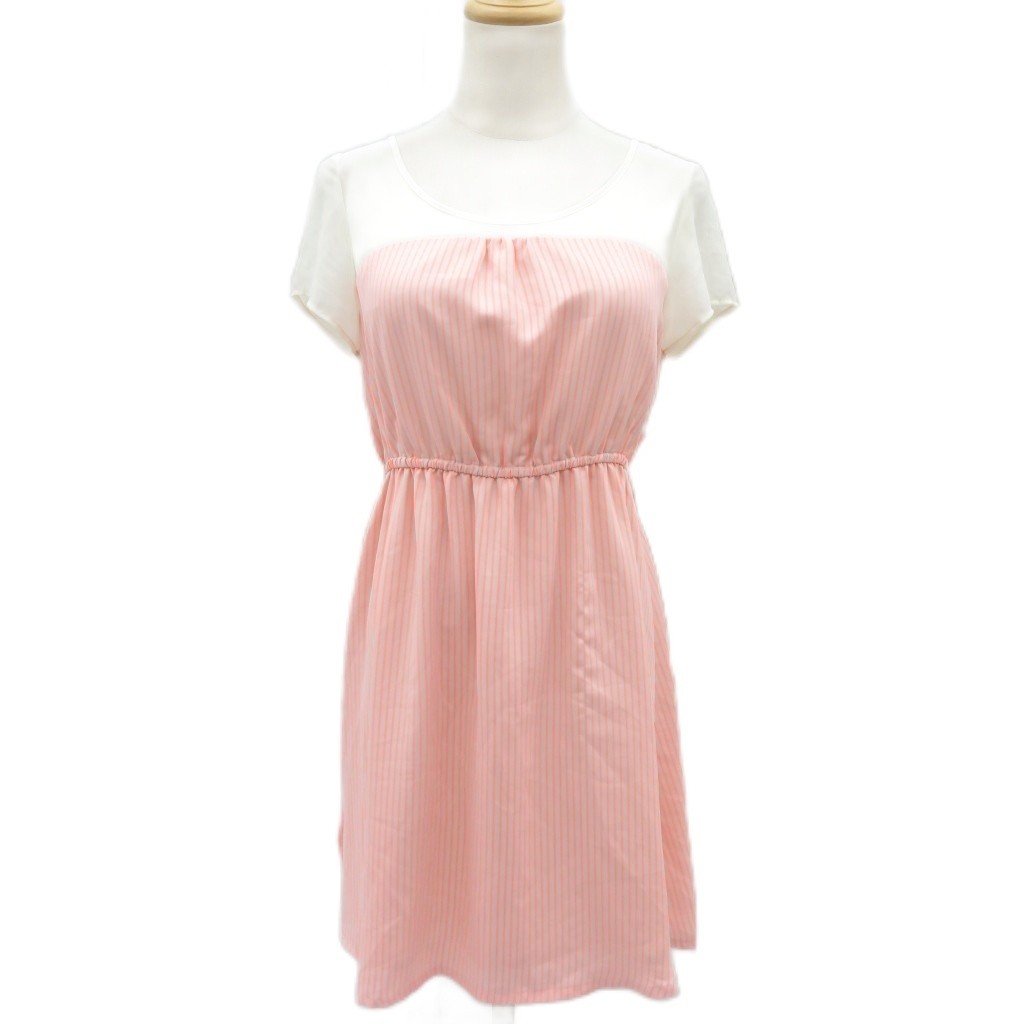 Ray Beams Dress Neon Orange Striped Pattern Switching Round Neck Short Sleeve