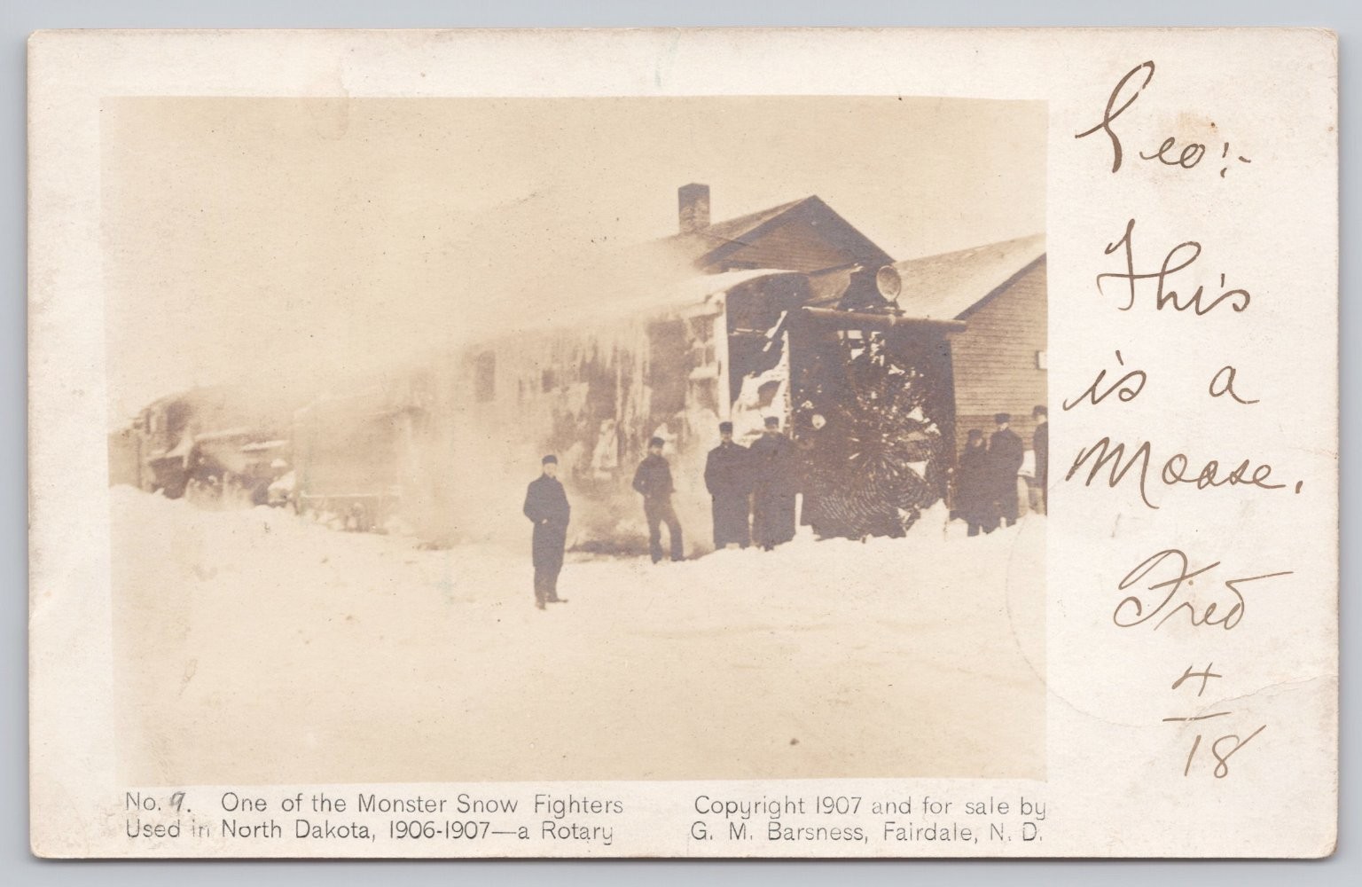 1907 RPPC Monster Rotary Snow Plow North Dakota Train Fairdale Anoka MN
