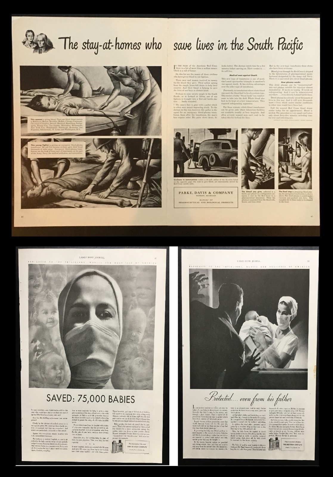 Vintage 1940s PARKE-DAVIS & MENNEN WWII Print Ad Lot • BABY Health • RED CROSS