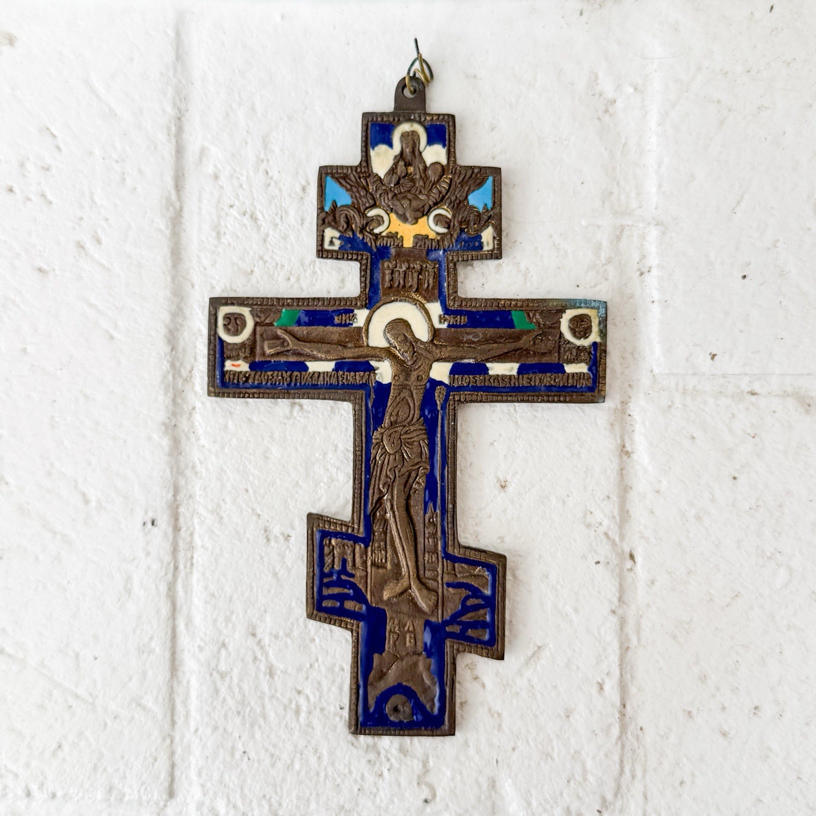 19c Antique Imperial Russia Bishop Bronze Enamel Pectoral Cross Crucifix Morozov