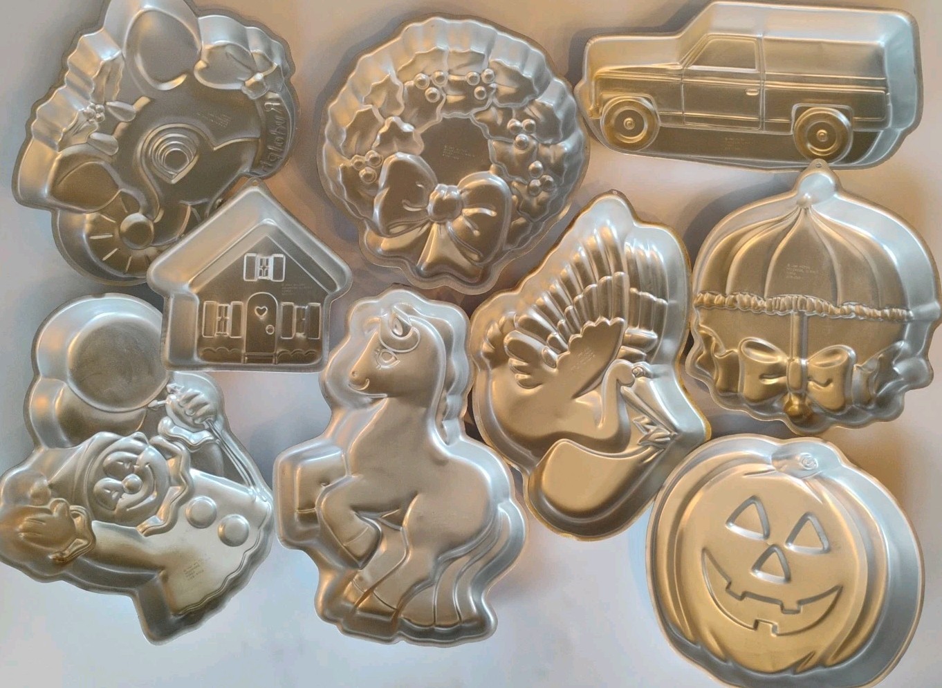 Lot Of 9 - Vtg Wilton Cake Pans 80’s Rudolph, Pumpkin, Stork, Truck, House, Pony