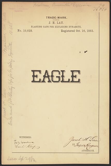 Photo:1883 J H Lau Eagle Brand Blasting Caps Trademark Registration