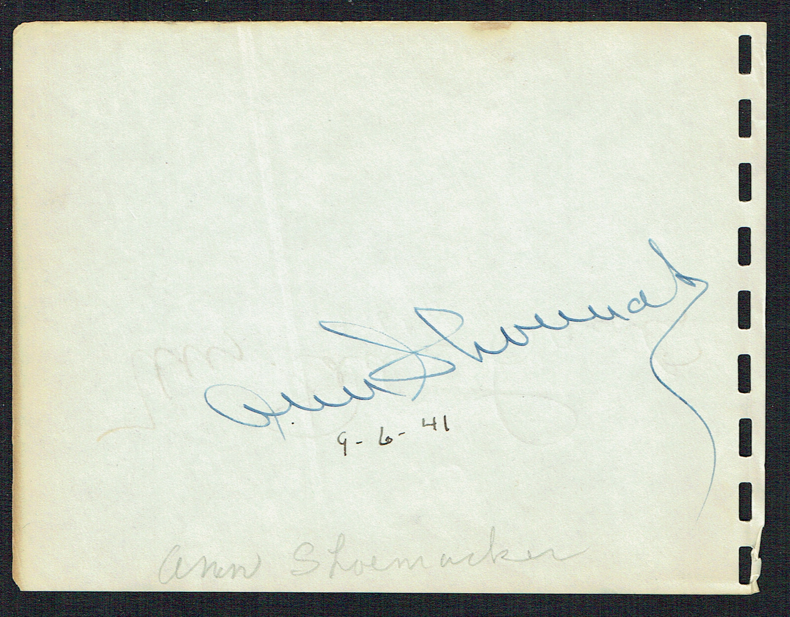 Ann Shoemaker (d. 1978) signed autograph 4x5 Album Page \
