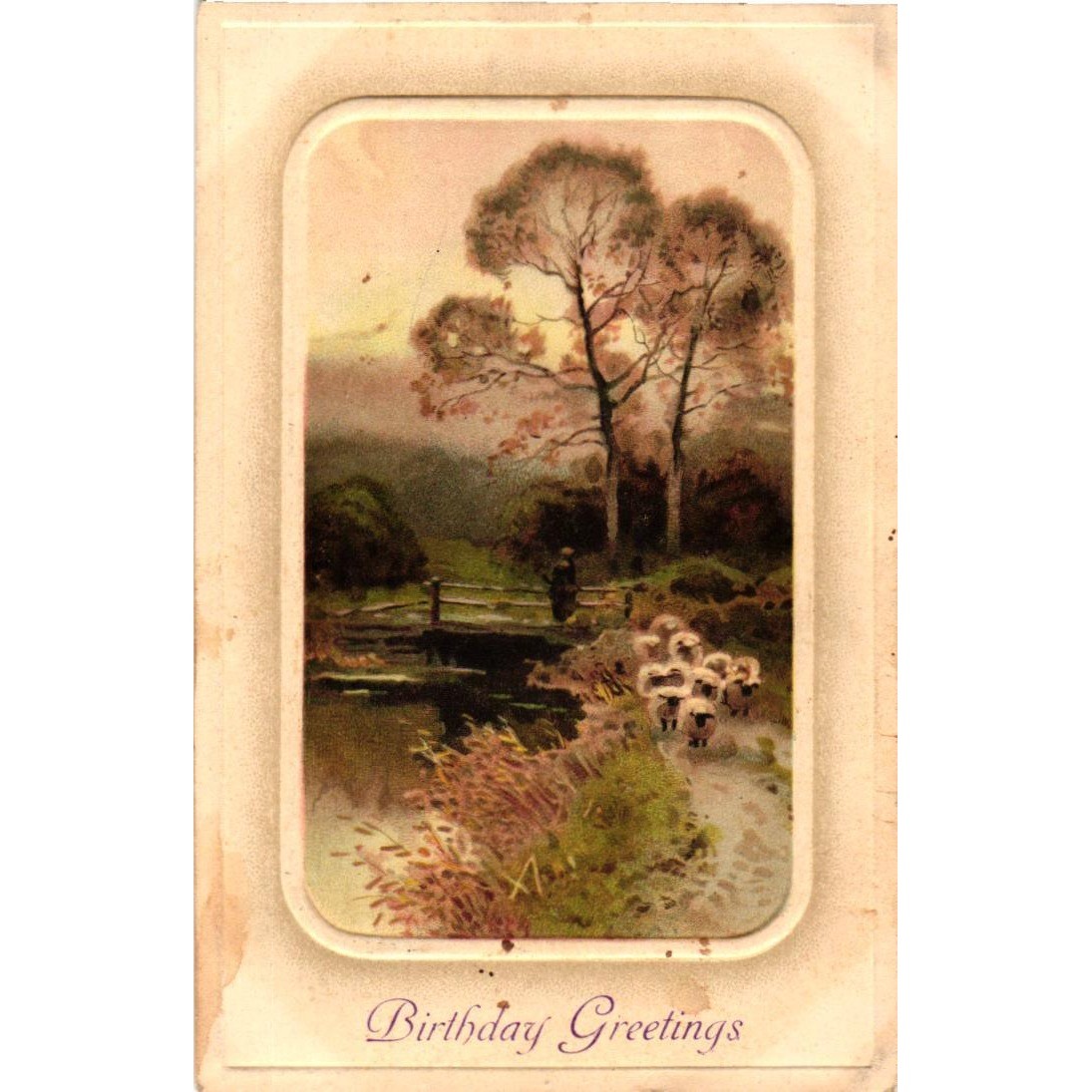 Antique 1911 Birthday Greetings Postcard Sheep Shepherd Scene Made in Germany