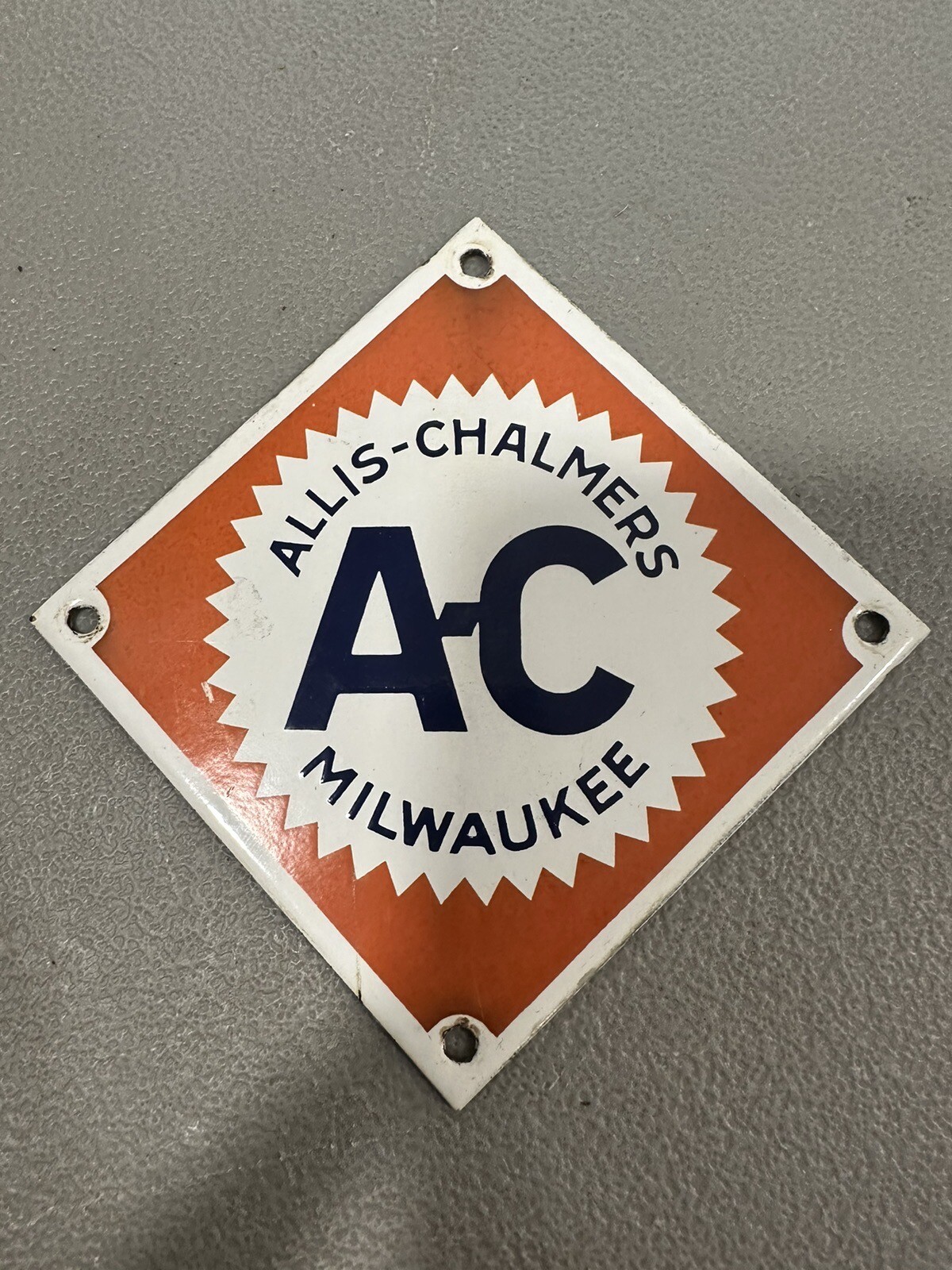 VINTAGE AC ALLIS CHALMERS PORCELAIN GAS OIL SIGN Farm TRACTOR Original Rare 4x4”