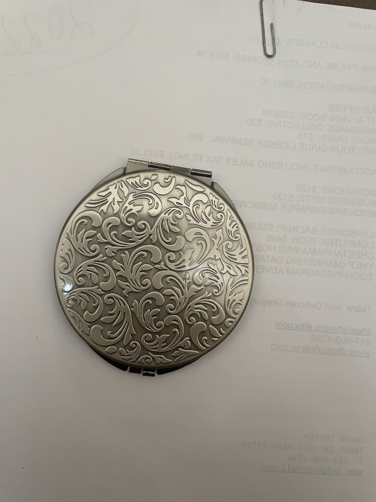 Retro Antique Silver Victorian Fleur Round Mirror Compact
