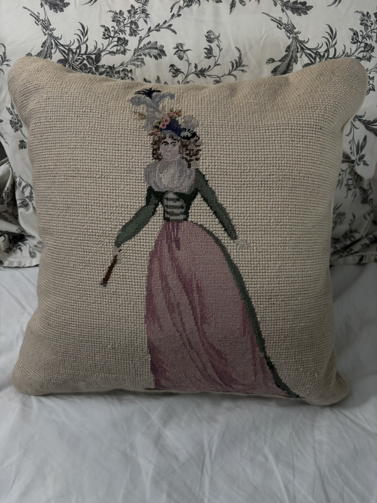 Vintage Victorian Regency Woman Needlepoint Tapestry Cross-Stitch Pillow Decor
