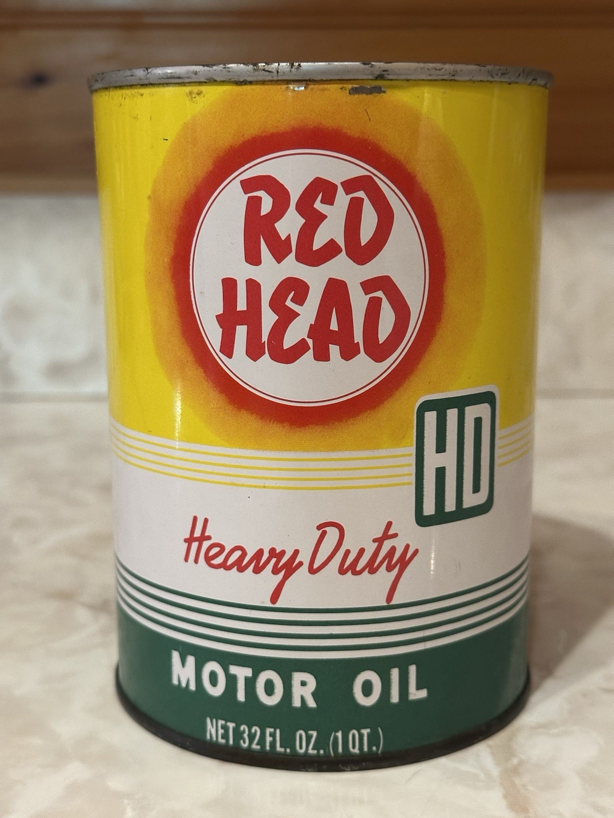 Vtg 1950's Red Head Motor Oil Can Metal Quart Wooster Ohio Rare Original (FULL)
