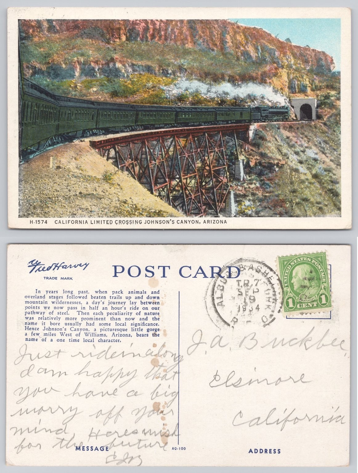 Fred Harvey California Limited Train Johnson\'s Canyon Arizona 1934 Postcard