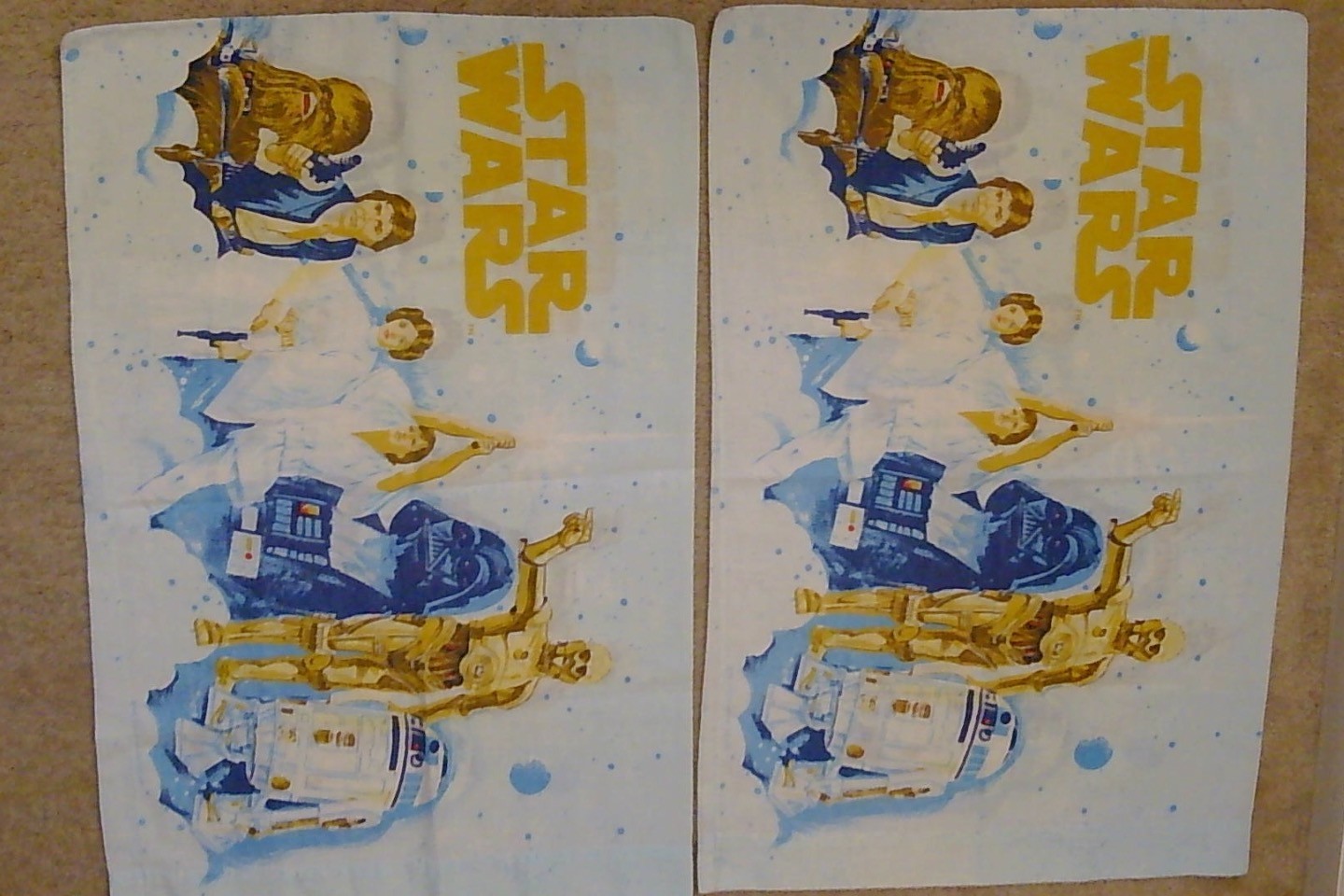 Vintage 1977 Star Wars Bibb Pillowcases Pair Luke Leia Vader Blue Yellow 2pc