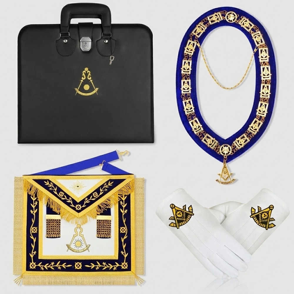 Masonic Past Master Apron Lambskin Emb Apron with Collar, Gloves & Case Set