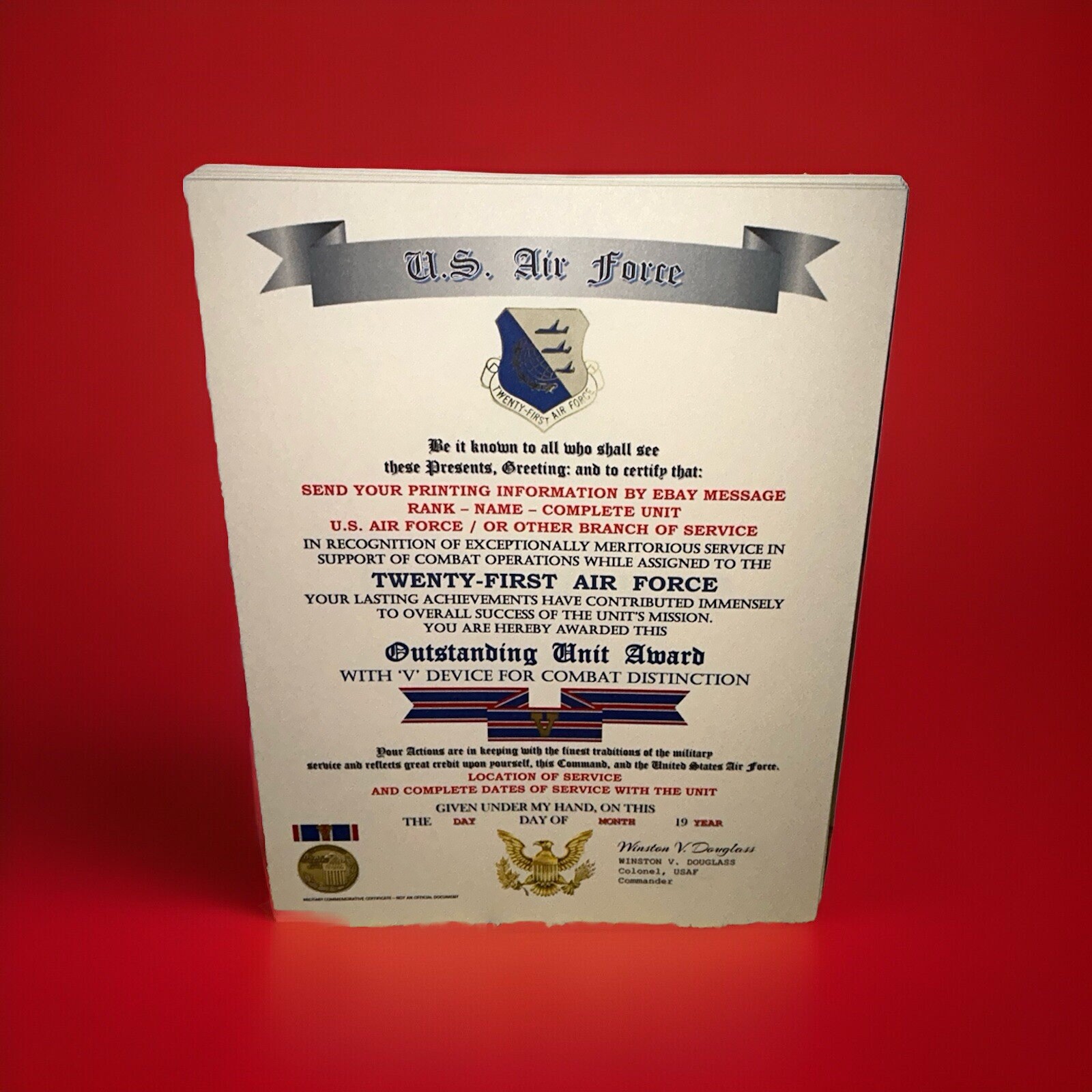 U.S. AIR FORCE / 21ST AIR FORCE - OUTSTANDING UNIT AWARD W/V DEVICE CERTIFICATE