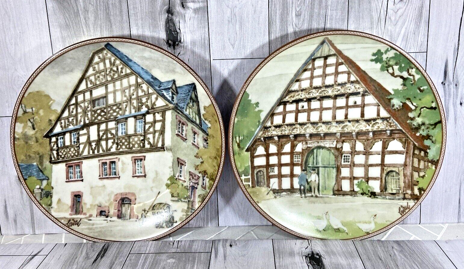 2 Konigszelt Bayern German Handpainted Plates 7.75” Moselhaus & Bodenseehaus