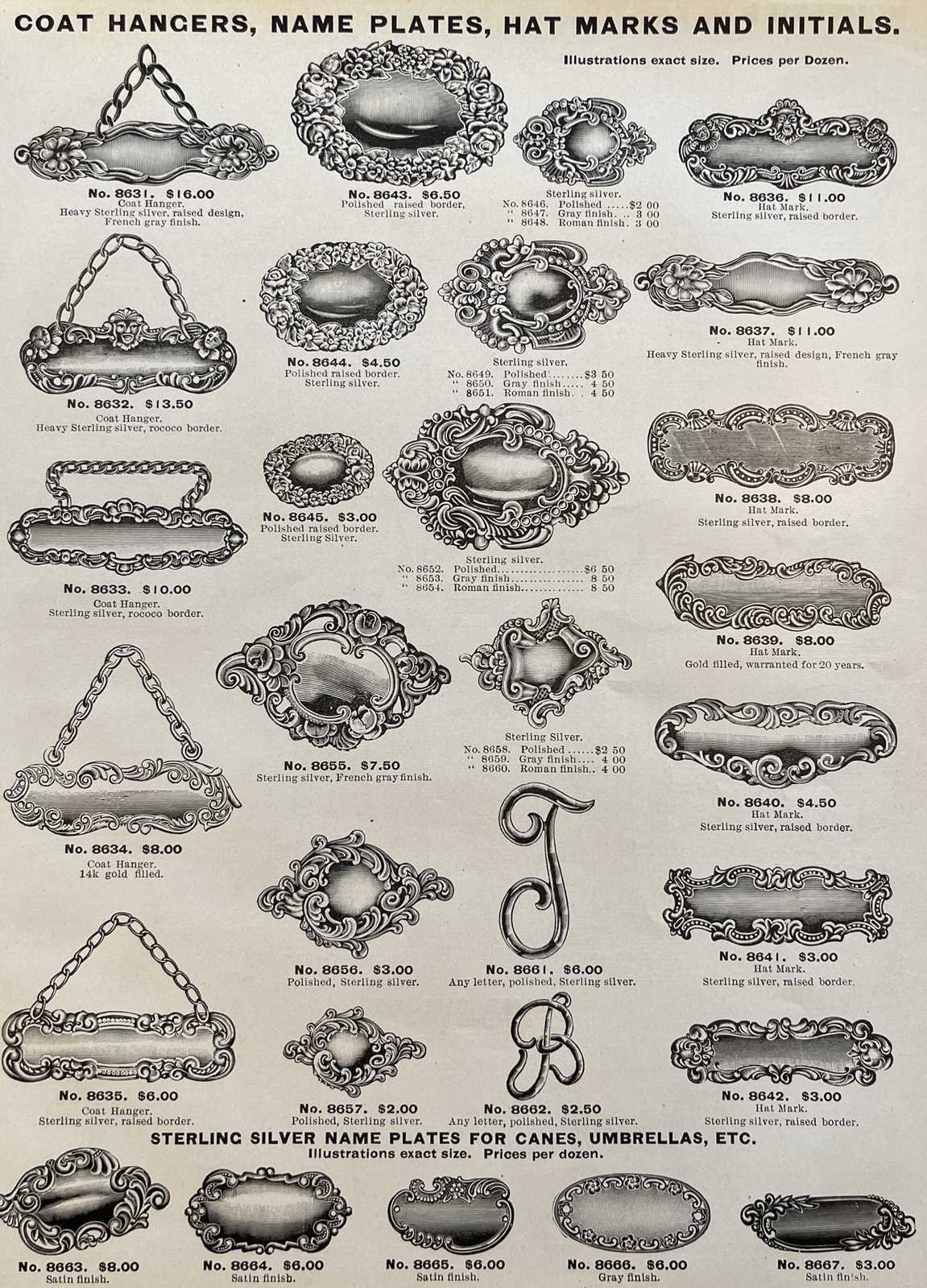 1905 Vintage Illustrated Ad Decorative Sterling Silver Name Plates Key Chains +
