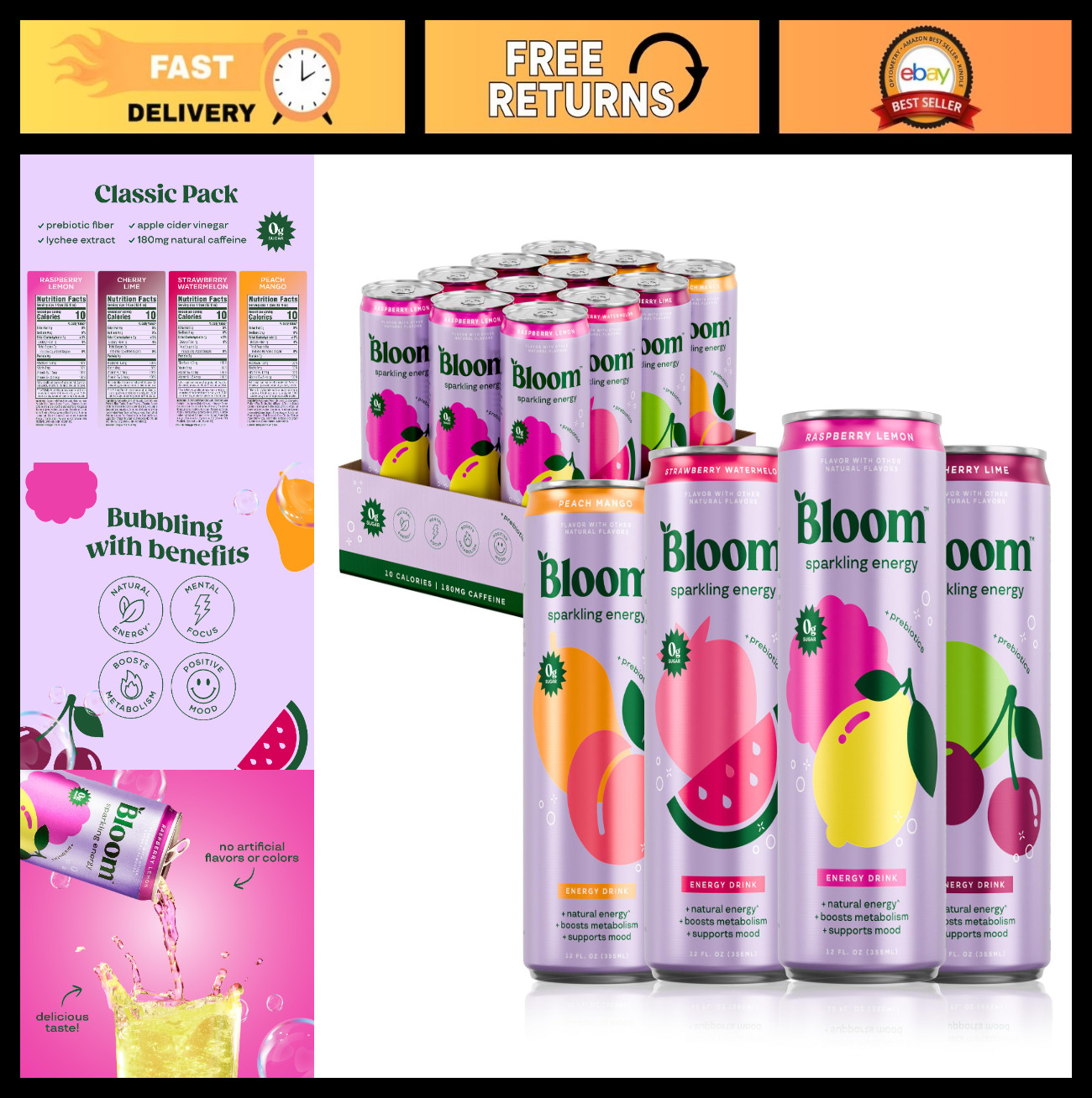 Sparkling Energy Drink Variety Pack - 180mg Caffeine, 12oz, 12 Count, Refreshing