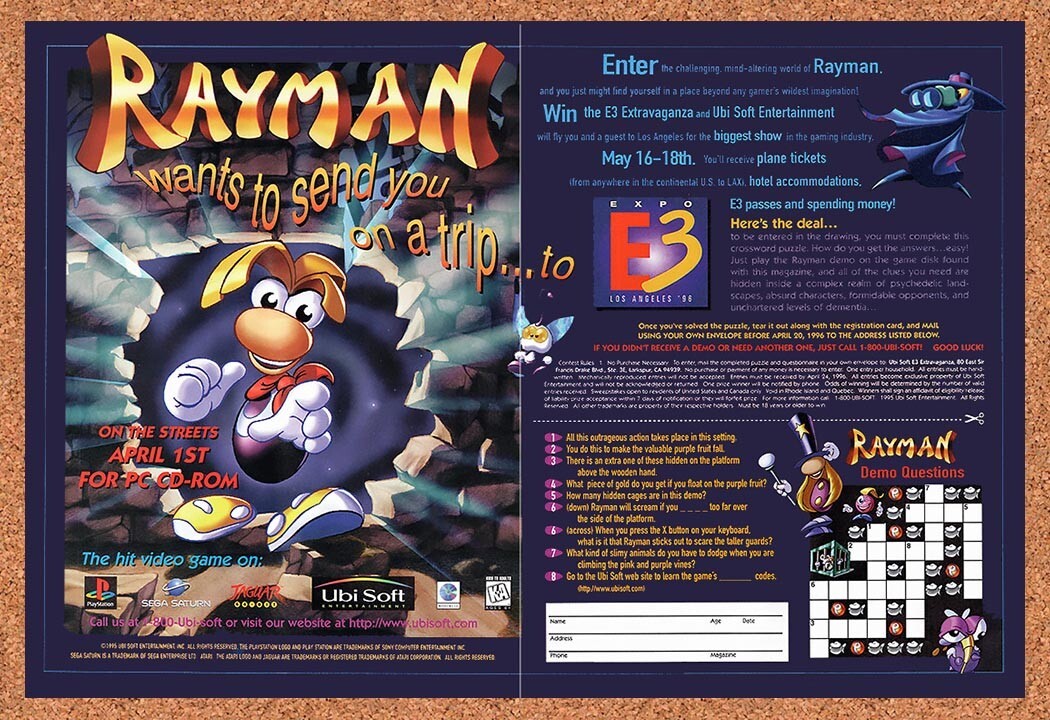 1995 Rayman E3 Expo Sweepstakes Original Advertisement / Retro Wall Art v9