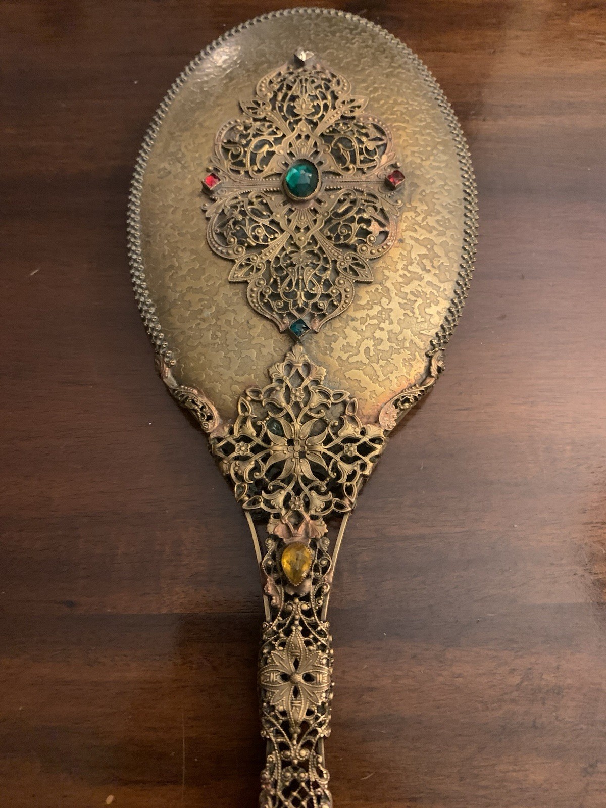 Antique Czech Handheld Jewel Encrusted Gilded Filigree Mirror