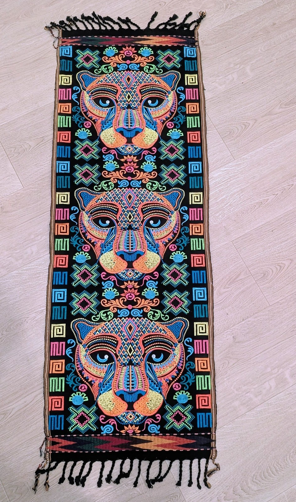 Guatemalan Handwoven Jaguar Face Embroidered Table Runner 52