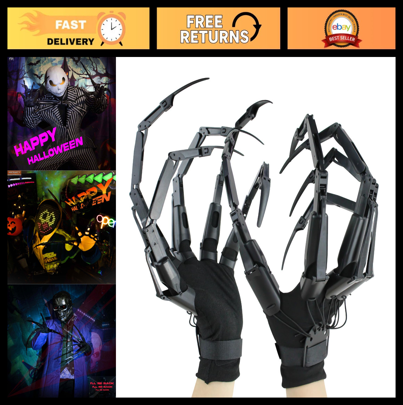 Articulated Finger Extensions Gloves for Halloween Cosplay, Scary Claw Hands