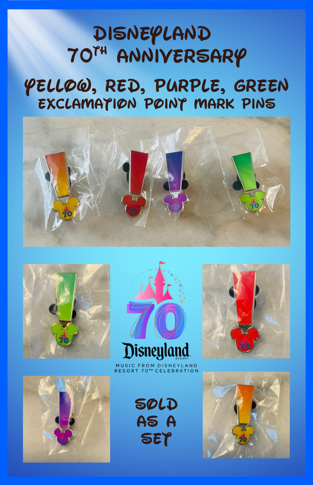 Yellow, Red, Green & Purple Exclamation Point Mark Disney 70th Anniversary Pins