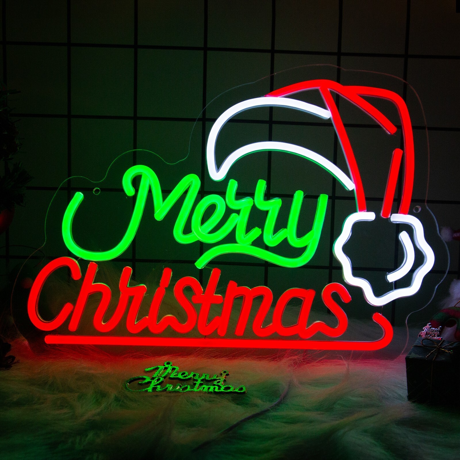 Merry Christmas with Hat Neon Sign for Wall Decor, LED Light for Xmas Day Decor