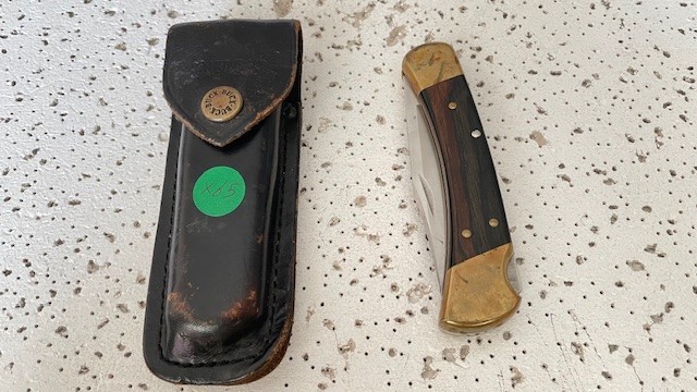 Vintage BUCK 110USA Hunting Pocket Knife Ebony Wood Handle Lockback W/Leather Sh