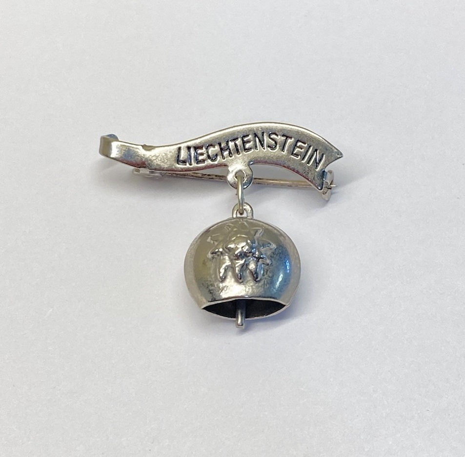 Vintage Liechtenstein Dangling Cow Bell Silver Tone Pin Edelweiss Flower On Bell