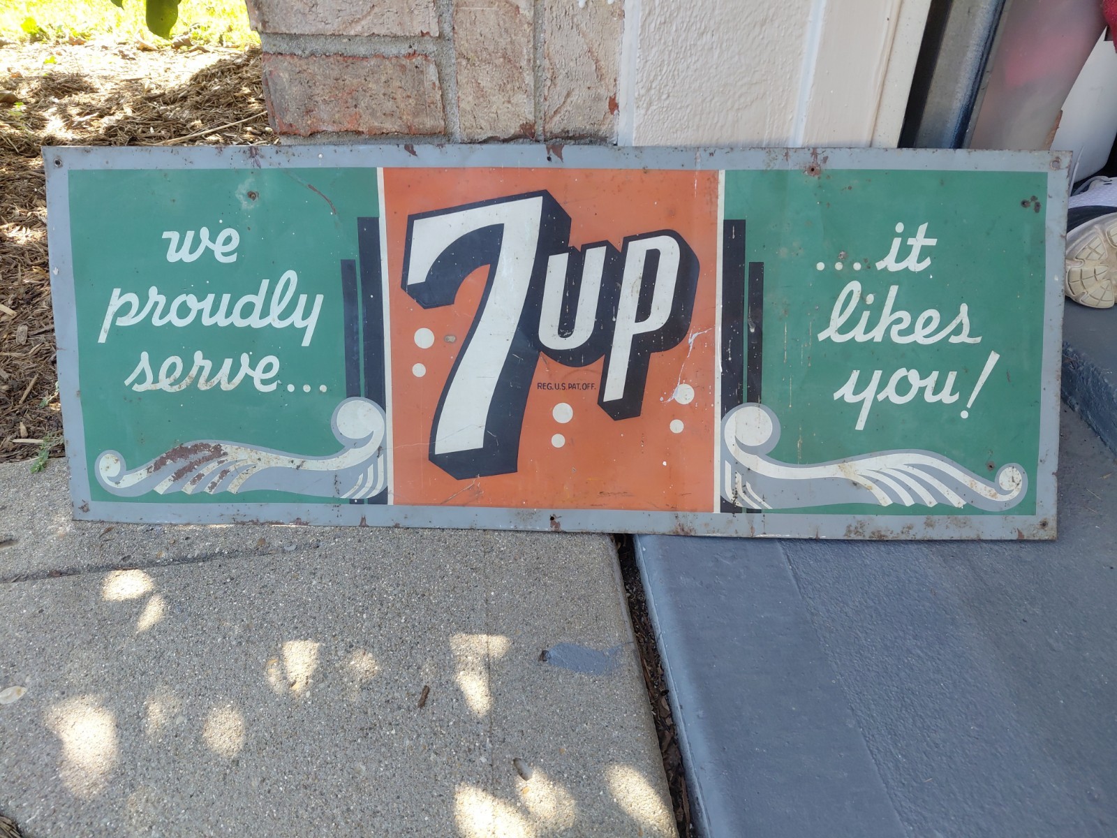 c.1940s Original Vintage 7up Sign Metal It Likes You We Proudly Serve VERY EARLY