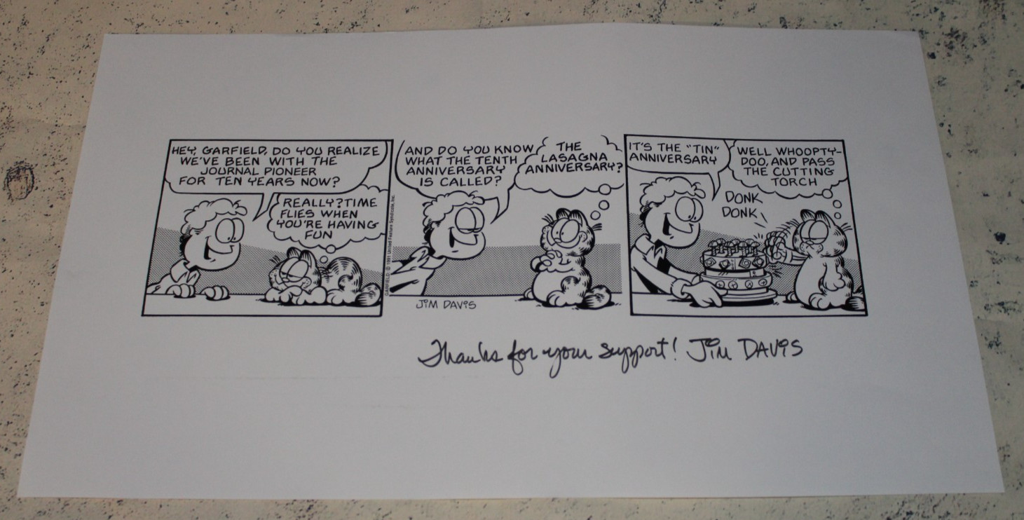 Jim Davis Authentic Autographed 1991 GARFIELD Art Comic Strip 10x18 with Letter