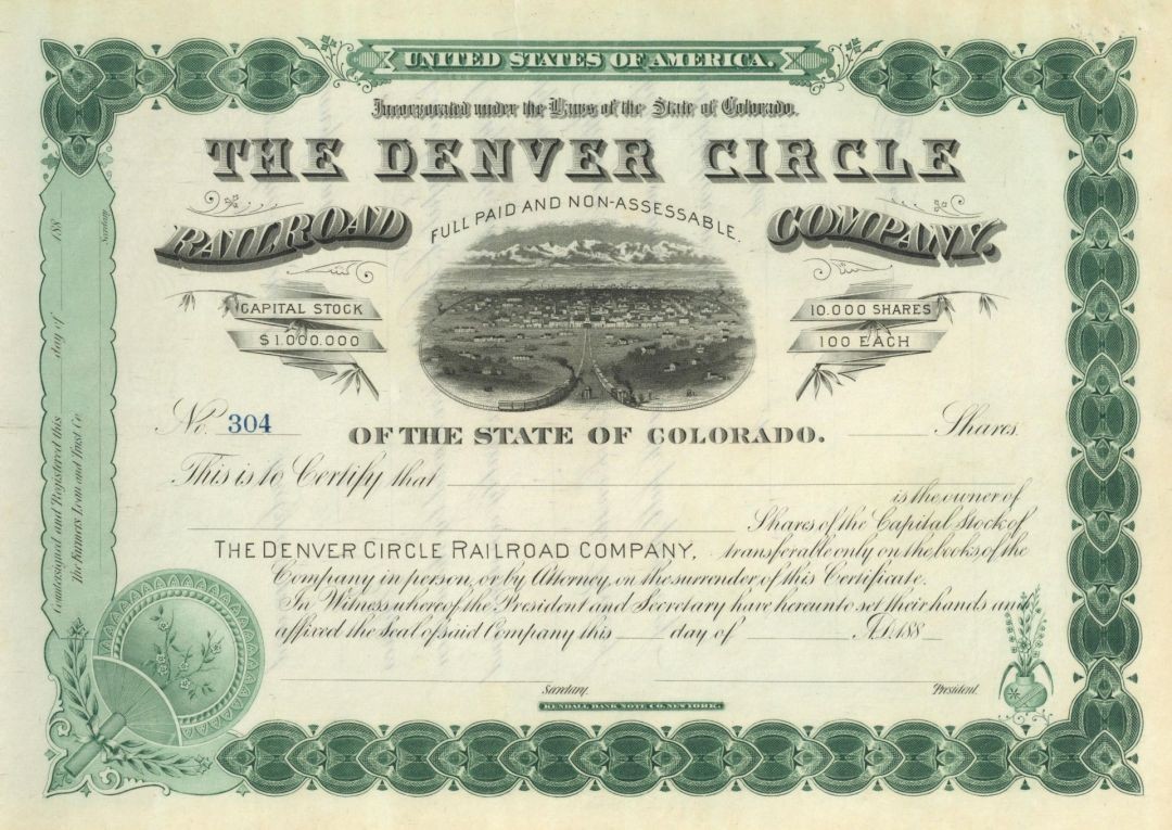 Denver Circle Railroad - 1880\'s dated Colorado Railway Unissued Stock Certific