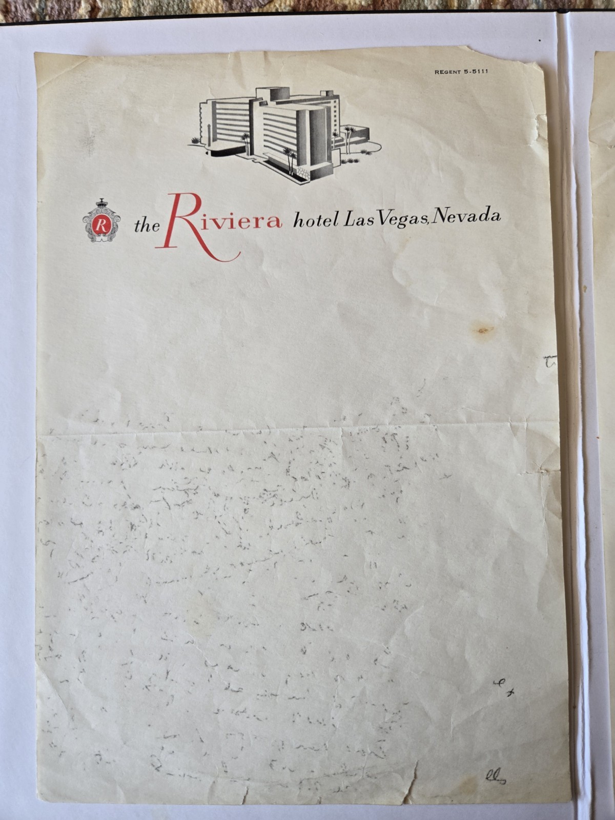 1960's Riviera Hotel, Las Vegas. NV Letterhead Stationery 2 Sheets
