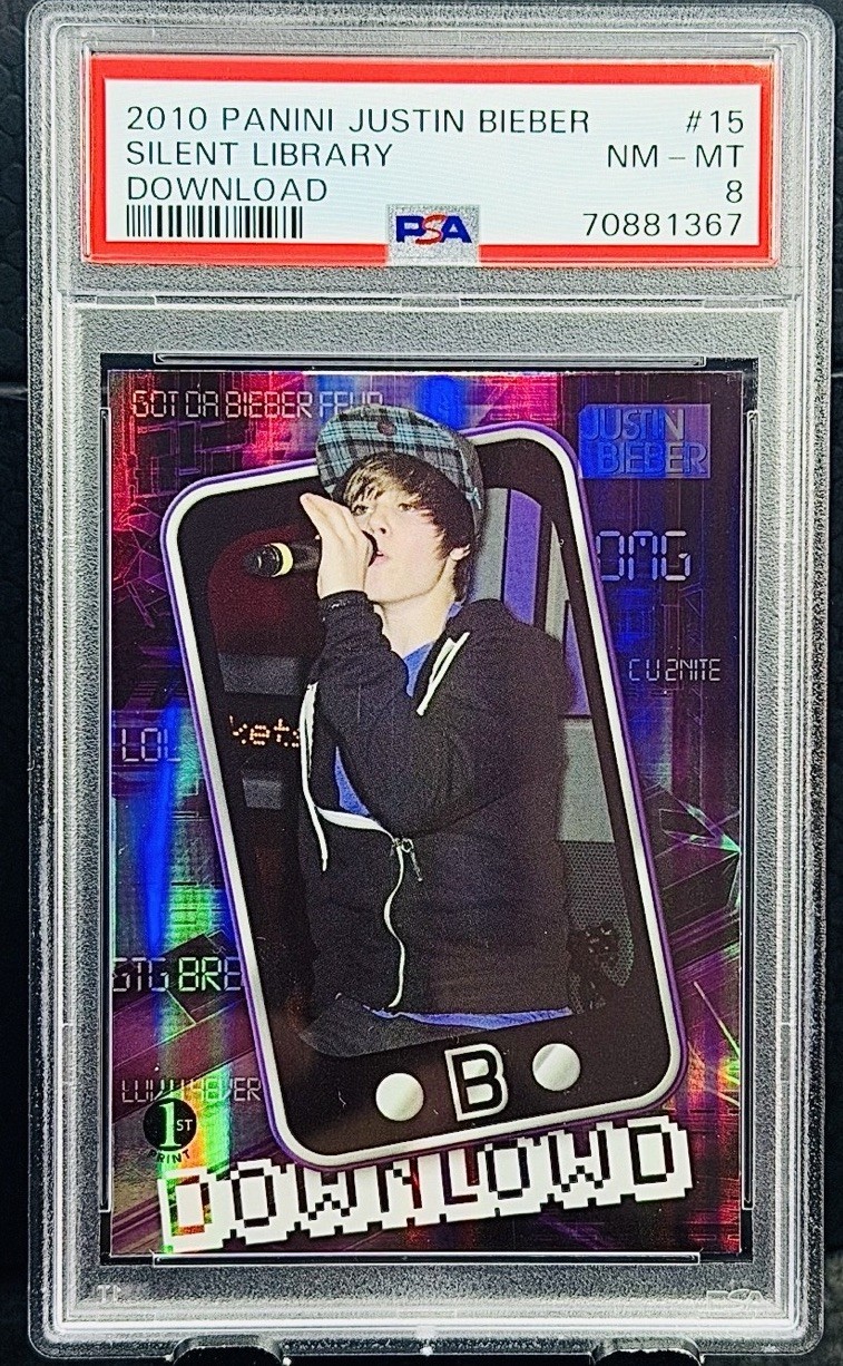 JUSTIN BIEBER 2010 Panini DOWNLOWD #15 1st Print RC Rookie Silent Library PSA 8