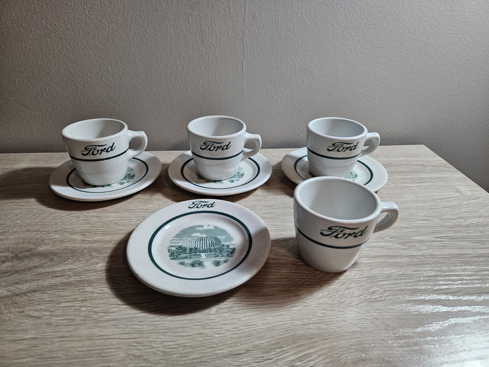 Set Of 4 Ford Motor Co. Cafeteria China Cup & Saucer China Shenango Rotunda Mugs