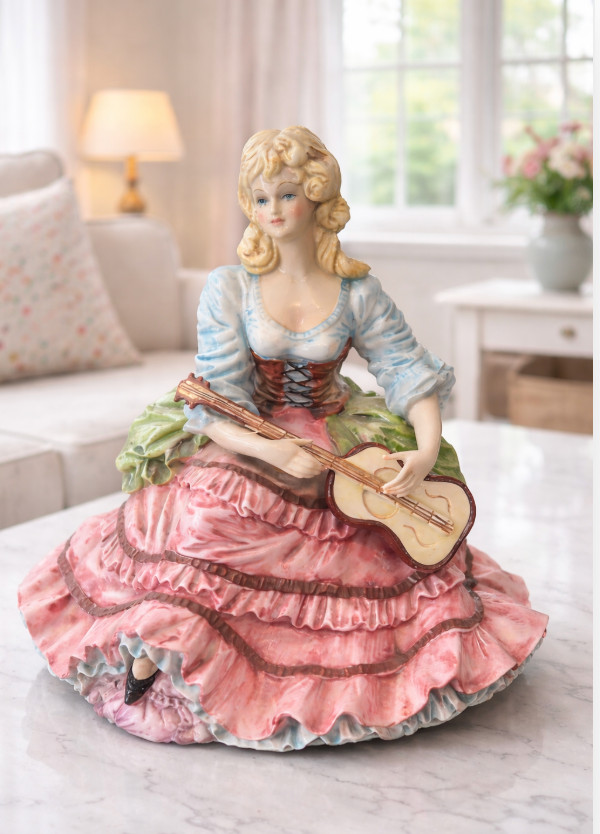 Victorian Style Porcelain Lady Figurine Guitar Capodimonte Look 13–14”