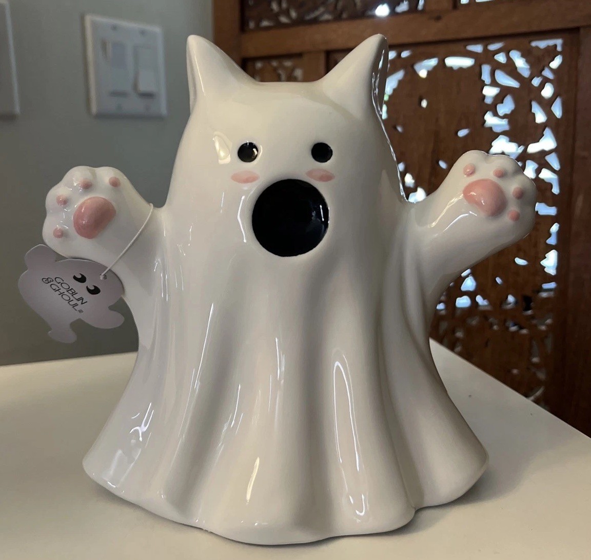Ceramic Cat Ghost Figure 8x8 Halloween Spooky Cute Summerween NEW Tags Viral